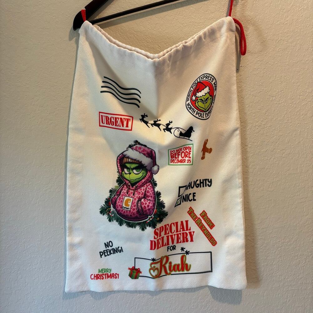 THE GRINCH Christmas Gift Bag Tote White Sz L Comical Fun Cartoonish Holiday